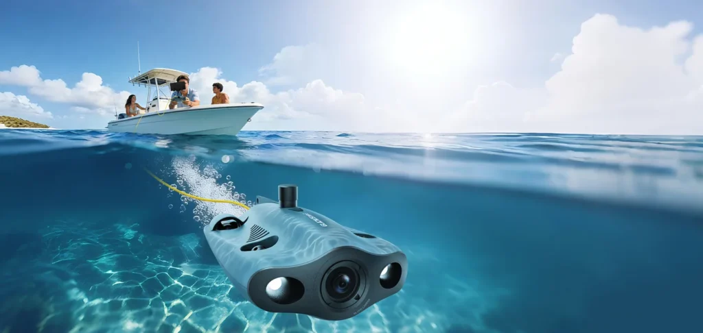 Chasing Gladius Mini S sous l'eau relie au bateau par son cable