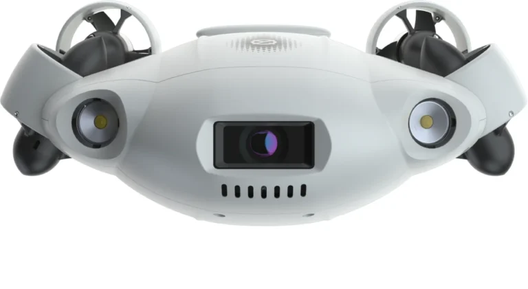 Fifish V-EVO de face : caméra grand angle et deux phares LED