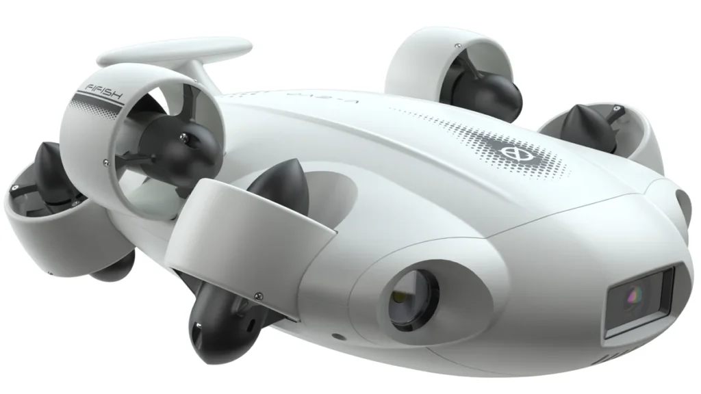 QYSEA Fifish V-EVO, drone sous-marin blanc vu de trois quarts