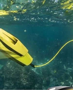 Chasing Dory en immersion juste sous la surface, relié à son câble